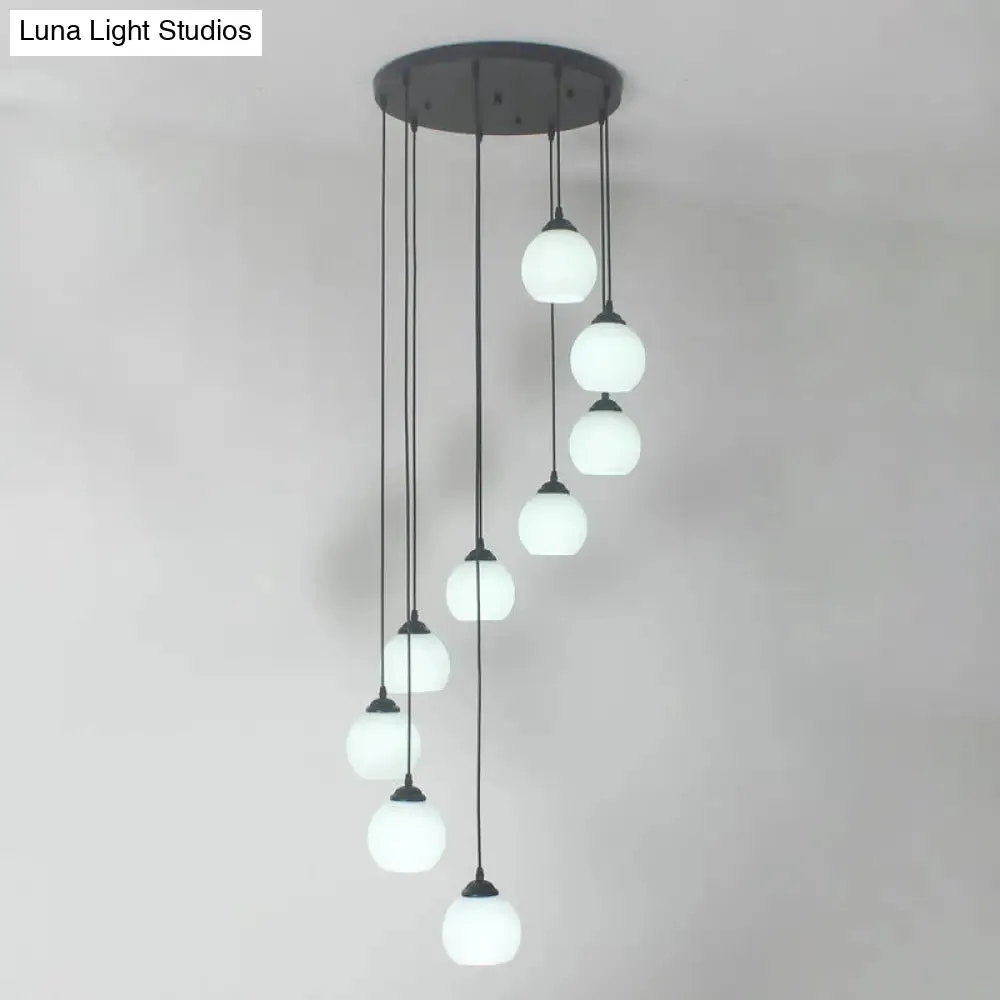 Spiral Milky Glass Multi Pendant Simple Hanging Ceiling Light in Black for Stairs