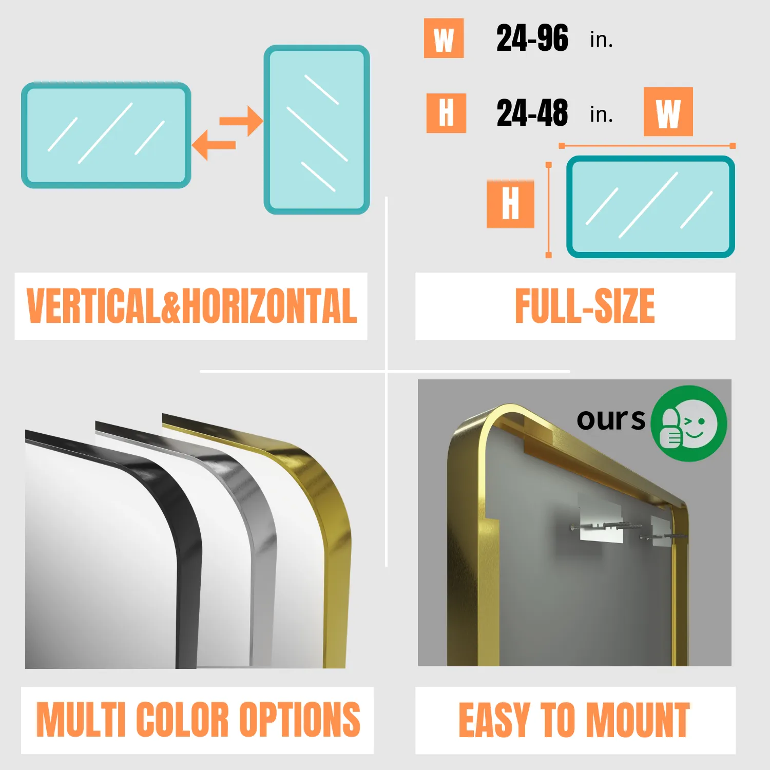 Square Framed Bathroom Wall Mirrors Aluminum Frame (Horizontal/Vertical)