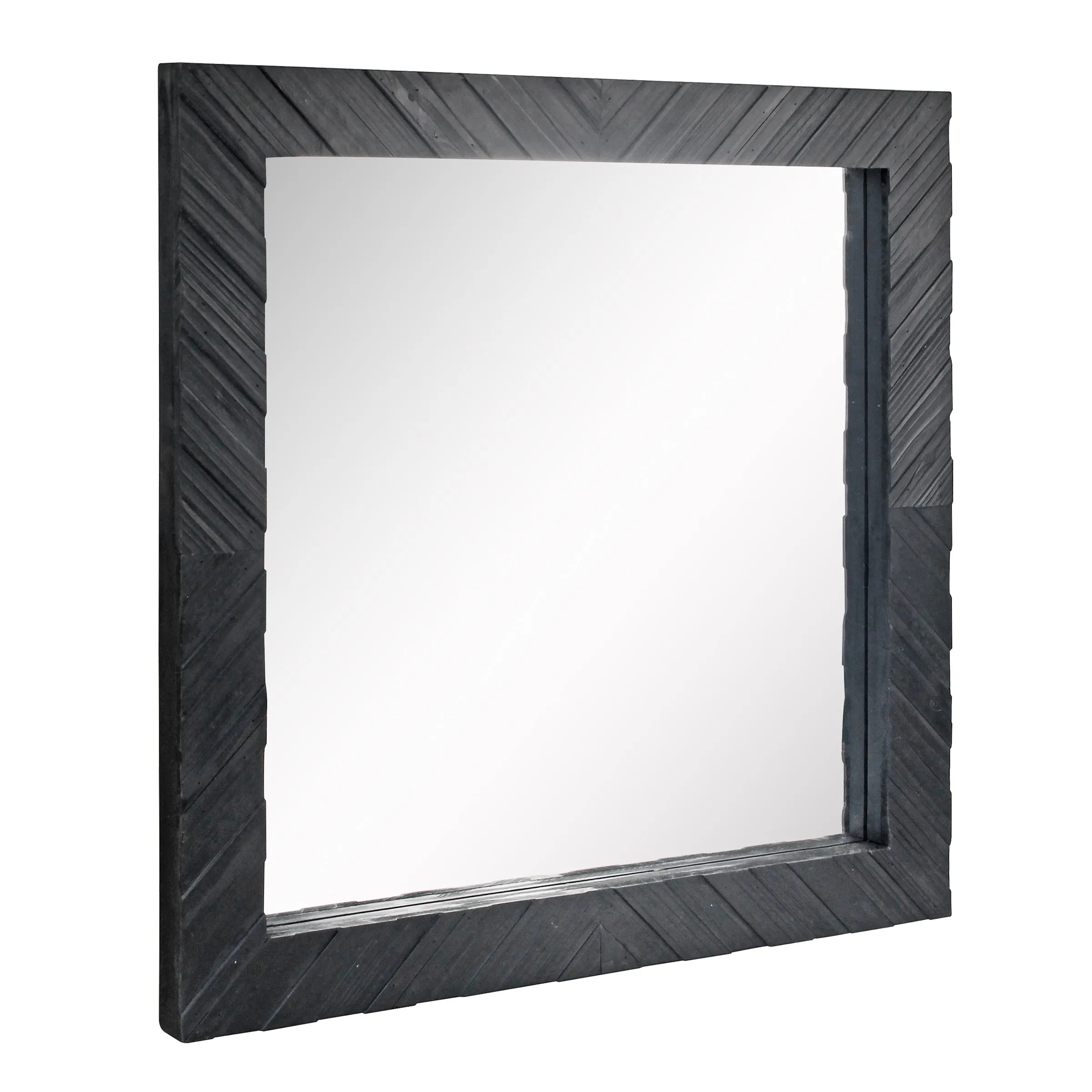 Square Textured Black Wooden Chevron Hanging Wall Mirror (WS)