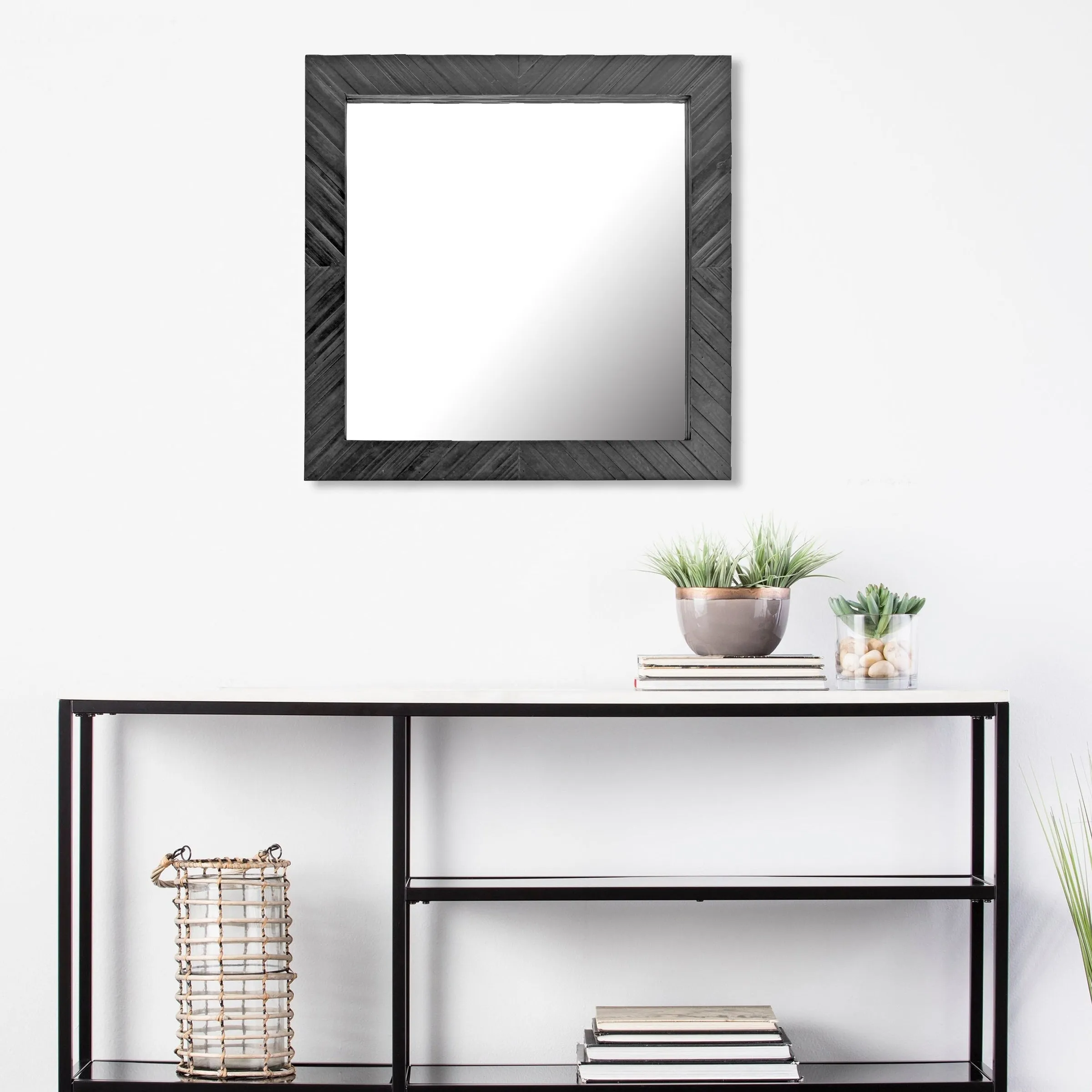 Square Textured Black Wooden Chevron Hanging Wall Mirror (WS)