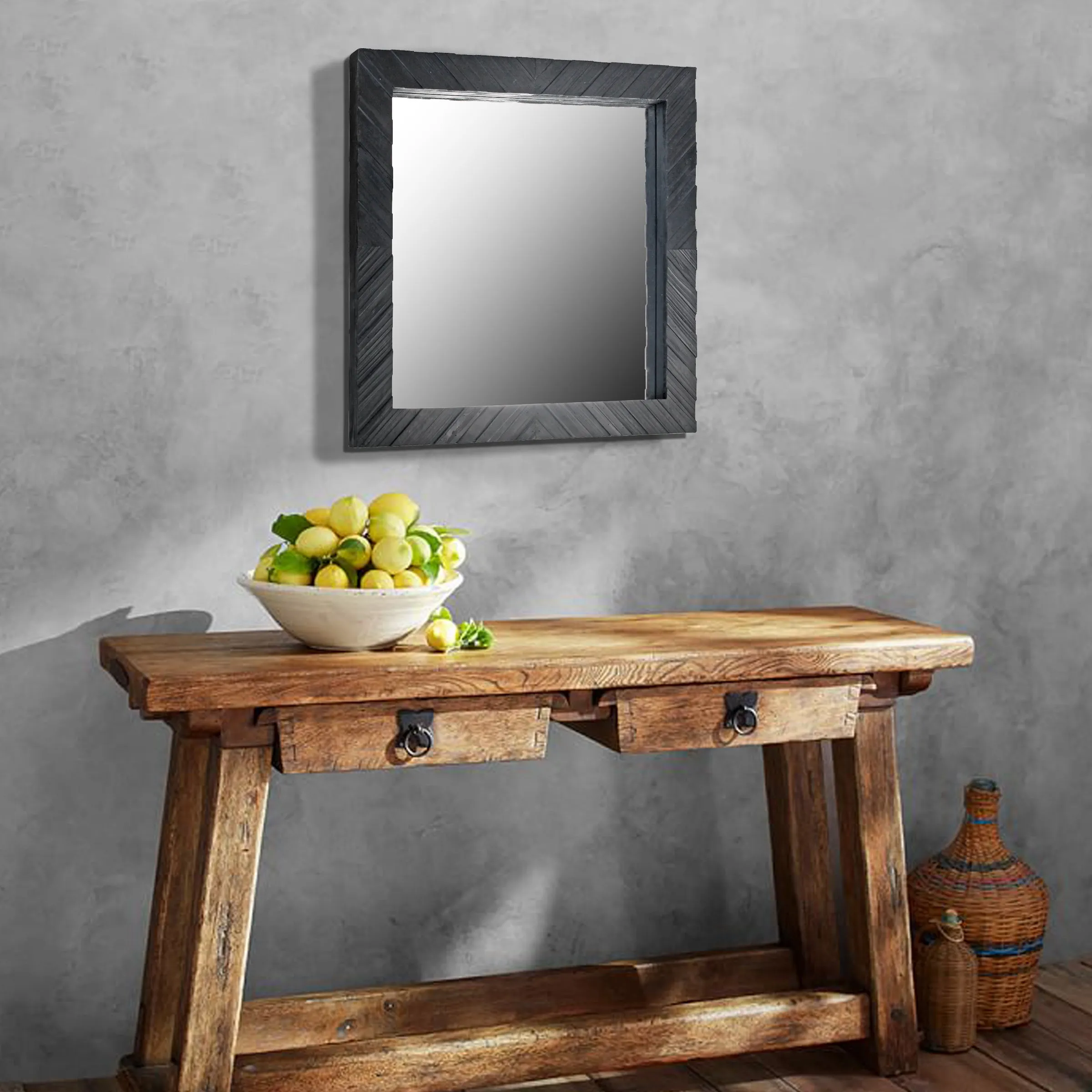 Square Textured Black Wooden Chevron Hanging Wall Mirror (WS)