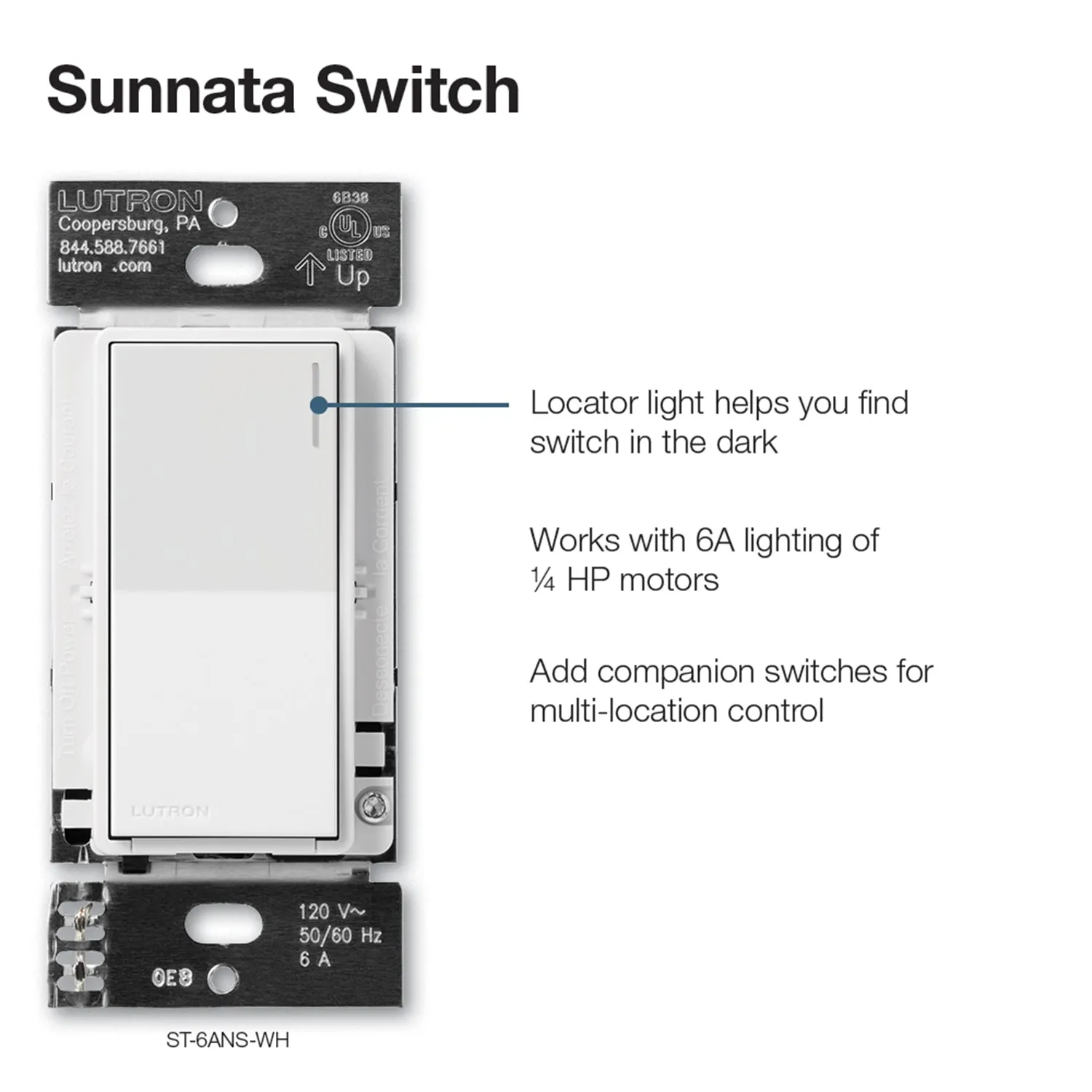 Sunnata Single Pole/Multi-Location Rocker Light Switch, White