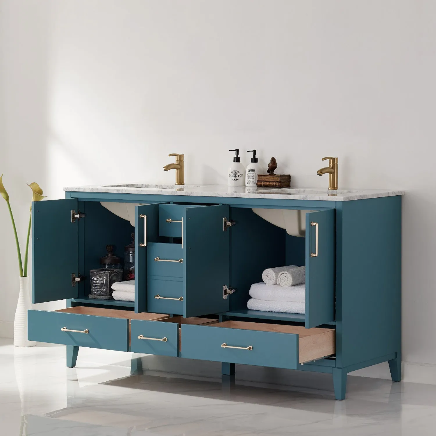 Sutton 60" Double Bathroom Vanity Set with Marble Countertop