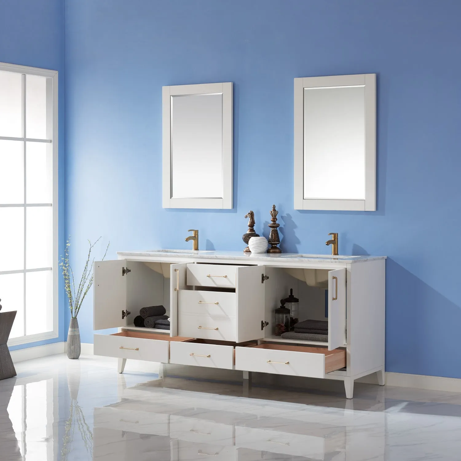 Sutton 72" Double Bathroom Vanity Set with Marble Countertop