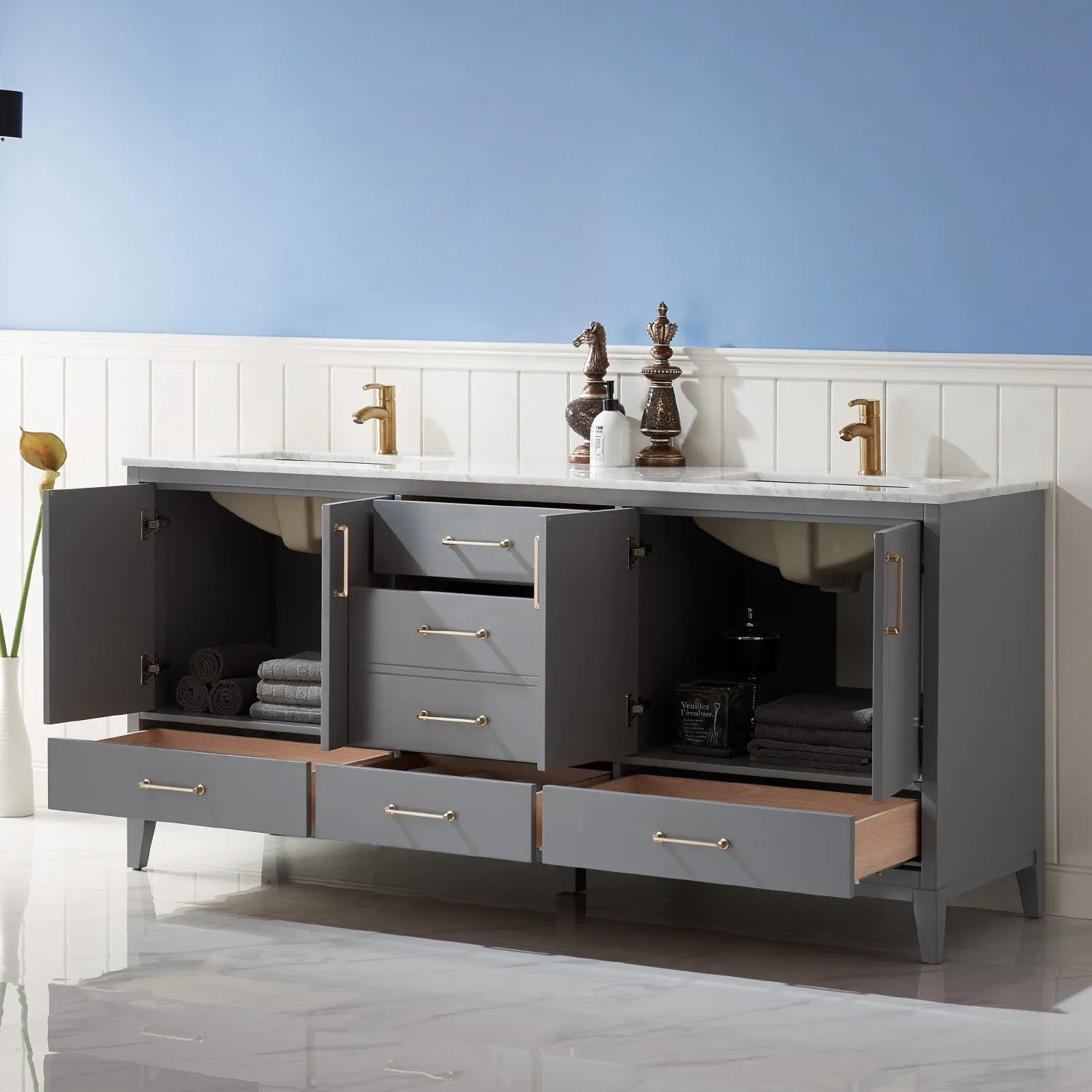 Sutton 72" Double Bathroom Vanity Set with Marble Countertop