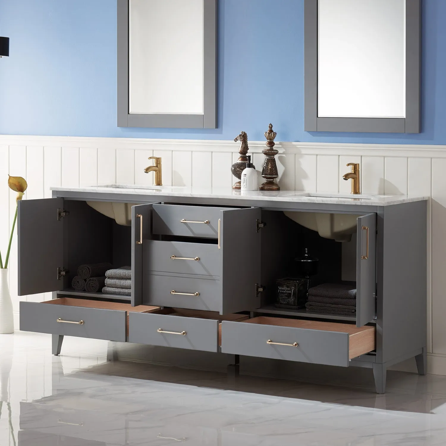 Sutton 72" Double Bathroom Vanity Set with Marble Countertop