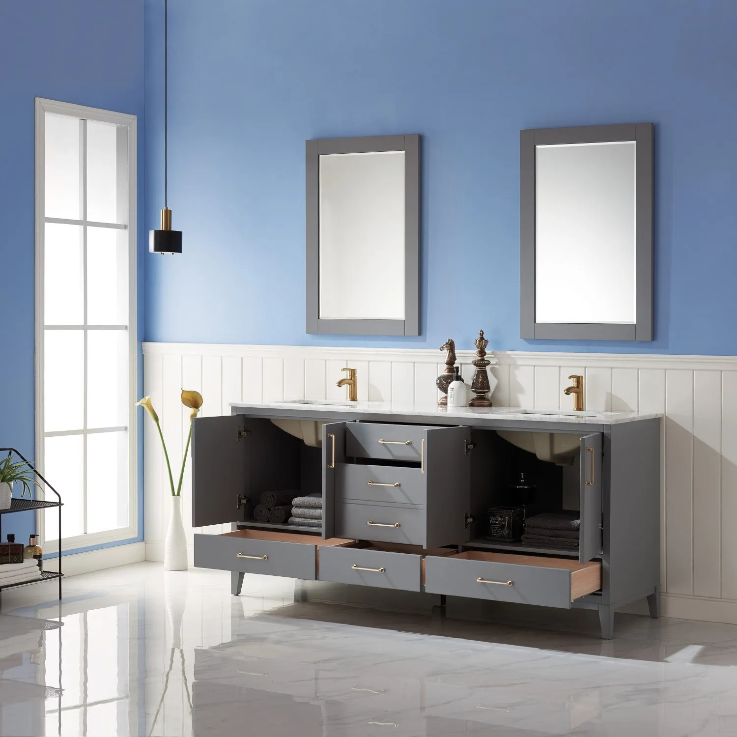 Sutton 72" Double Bathroom Vanity Set with Marble Countertop