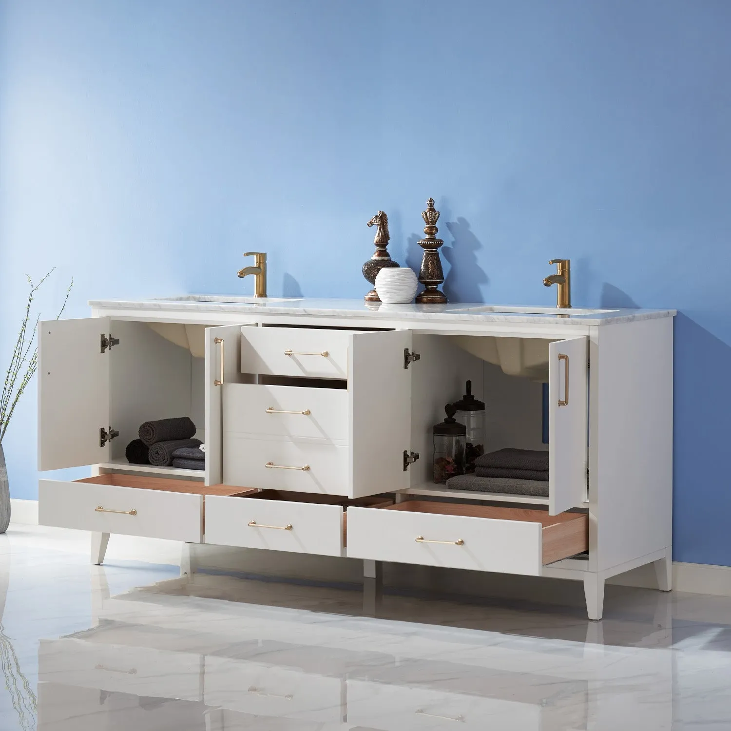 Sutton 72" Double Bathroom Vanity Set with Marble Countertop