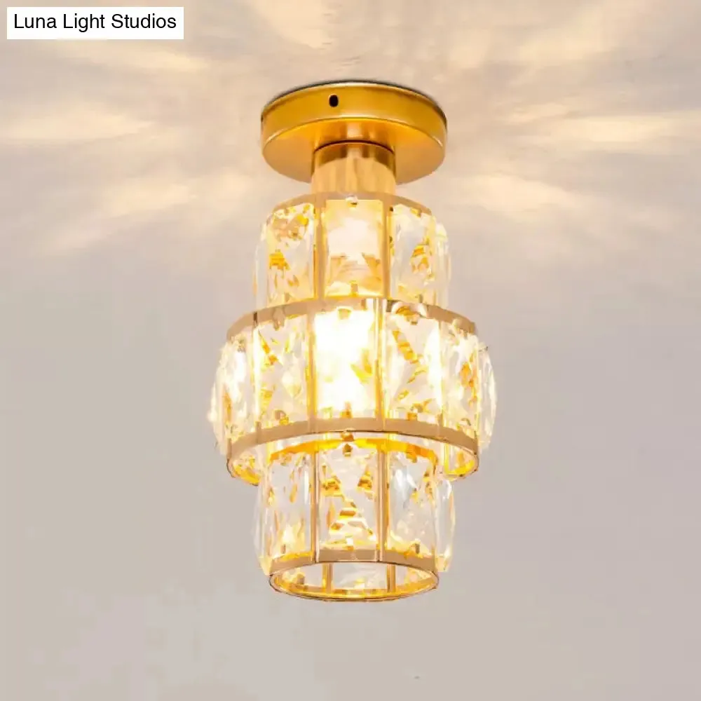 Traditional Gold Crystal Flush Mount Foyer Lamp with Beveled Inlay