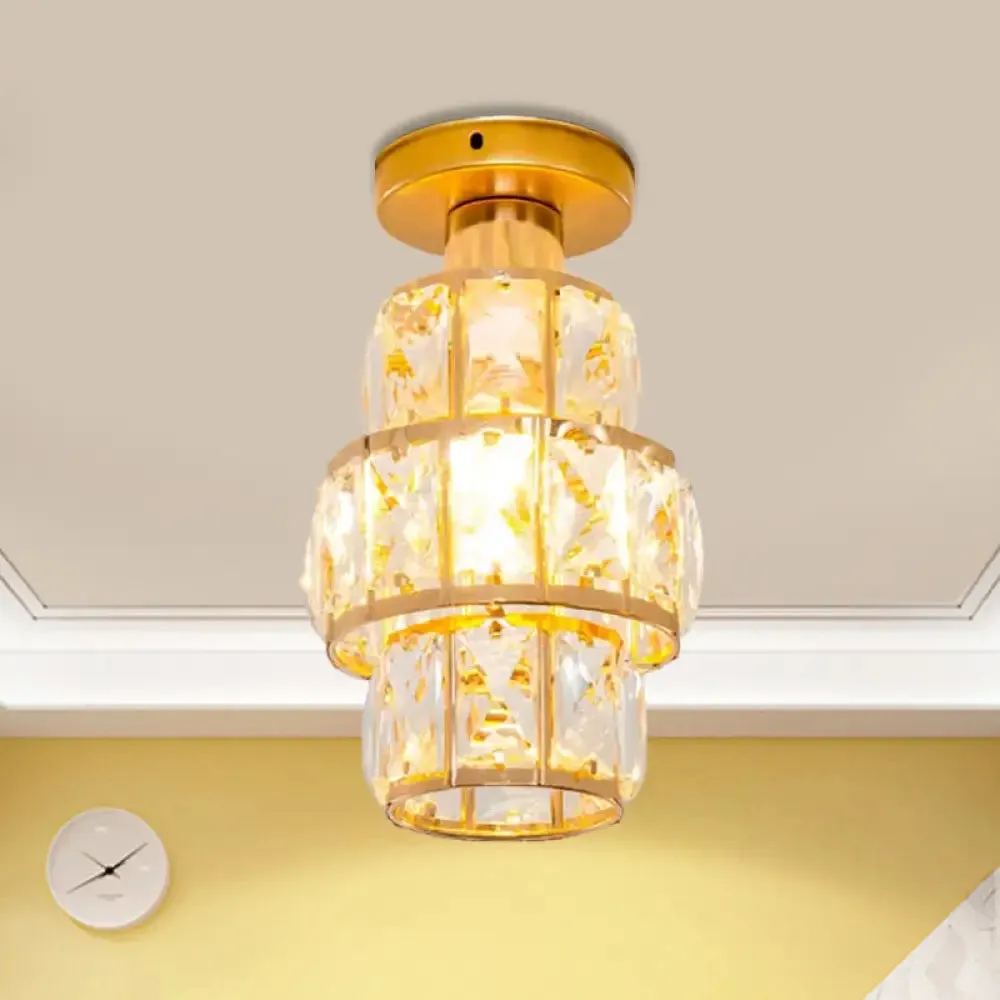 Traditional Gold Crystal Flush Mount Foyer Lamp with Beveled Inlay