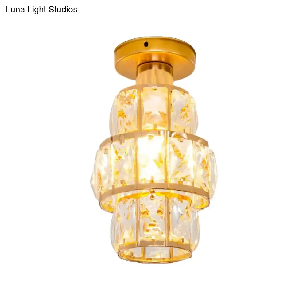 Traditional Gold Crystal Flush Mount Foyer Lamp with Beveled Inlay