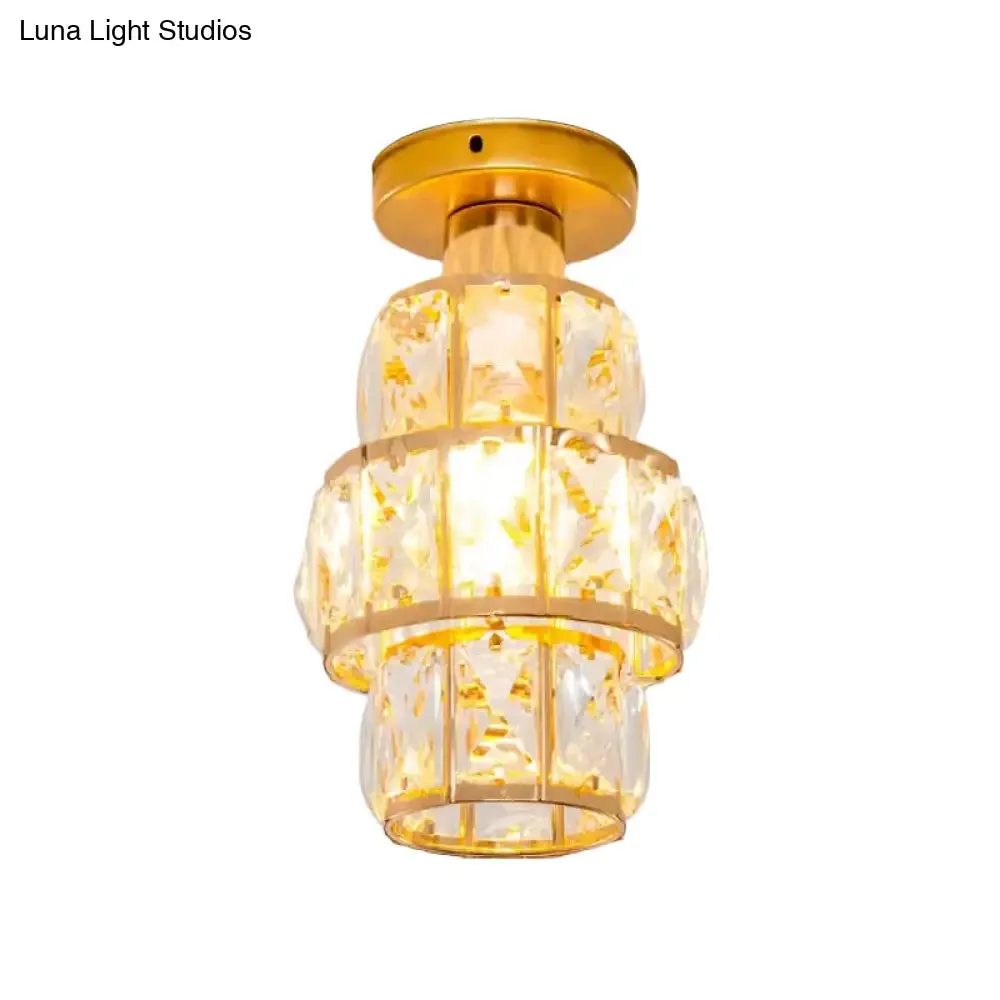 Traditional Gold Crystal Flush Mount Foyer Lamp with Beveled Inlay