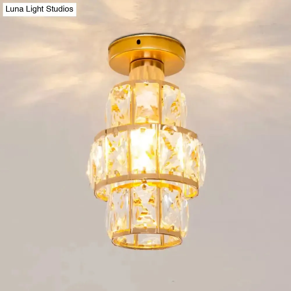 Traditional Gold Crystal Flush Mount Foyer Lamp with Beveled Inlay