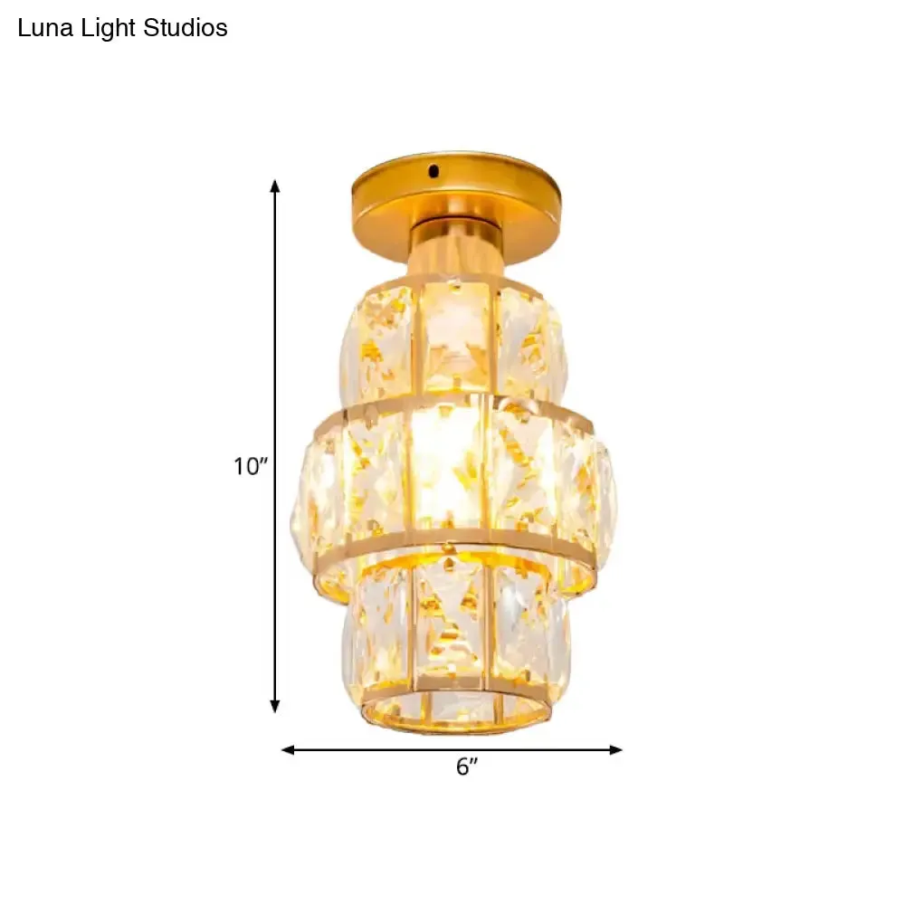 Traditional Gold Crystal Flush Mount Foyer Lamp with Beveled Inlay