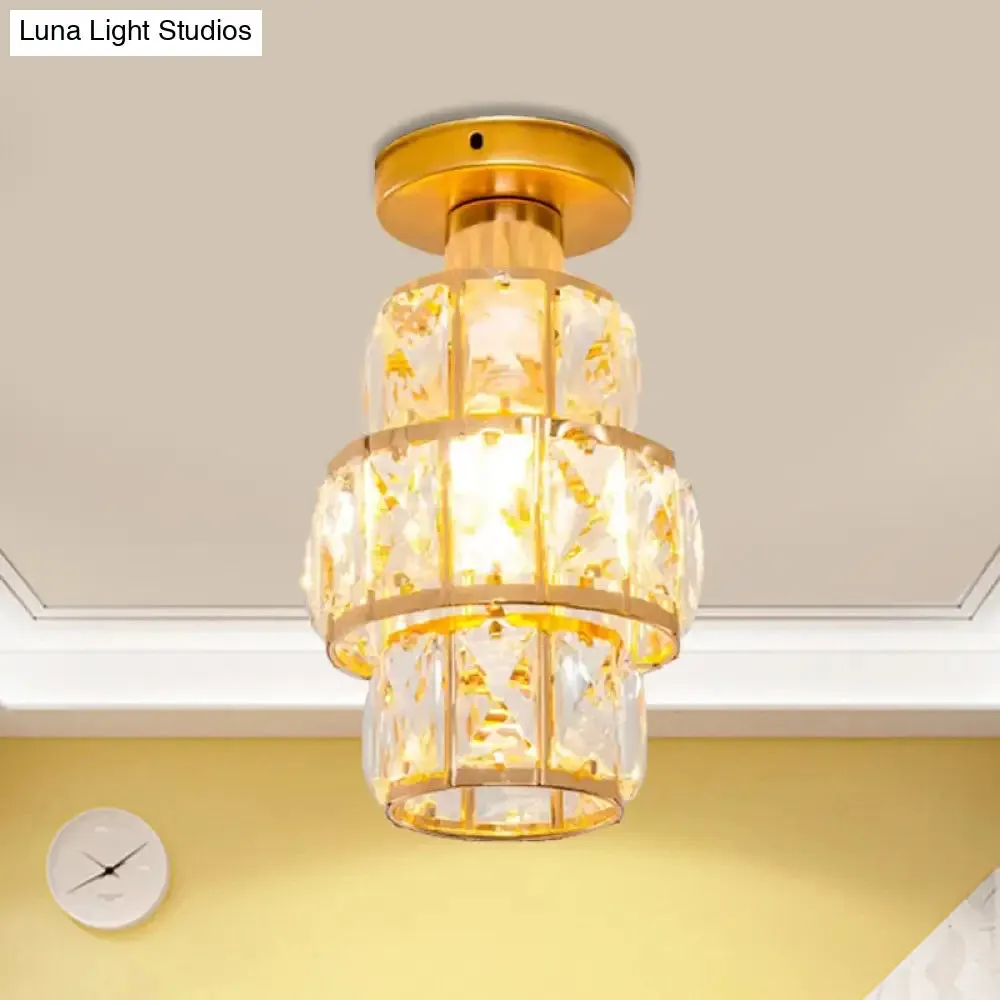Traditional Gold Crystal Flush Mount Foyer Lamp with Beveled Inlay