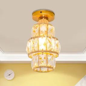 Traditional Gold Crystal Flush Mount Foyer Lamp with Beveled Inlay