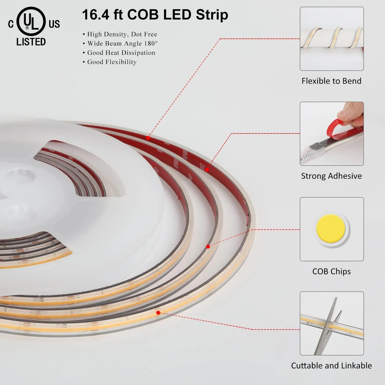 UL-Listed Outdoor LED Strip Lights, 16.4ft 3000K COB Lights Strip 528LEDS/m 24V, IP67 Waterproof