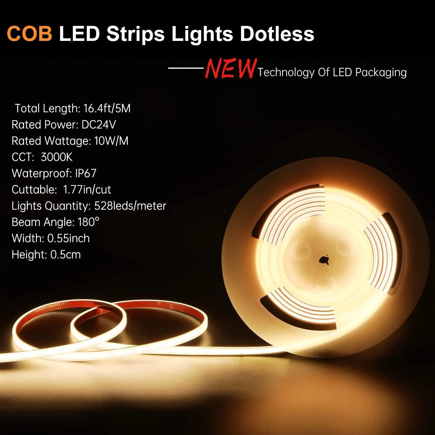 UL-Listed Outdoor LED Strip Lights, 16.4ft 3000K COB Lights Strip 528LEDS/m 24V, IP67 Waterproof