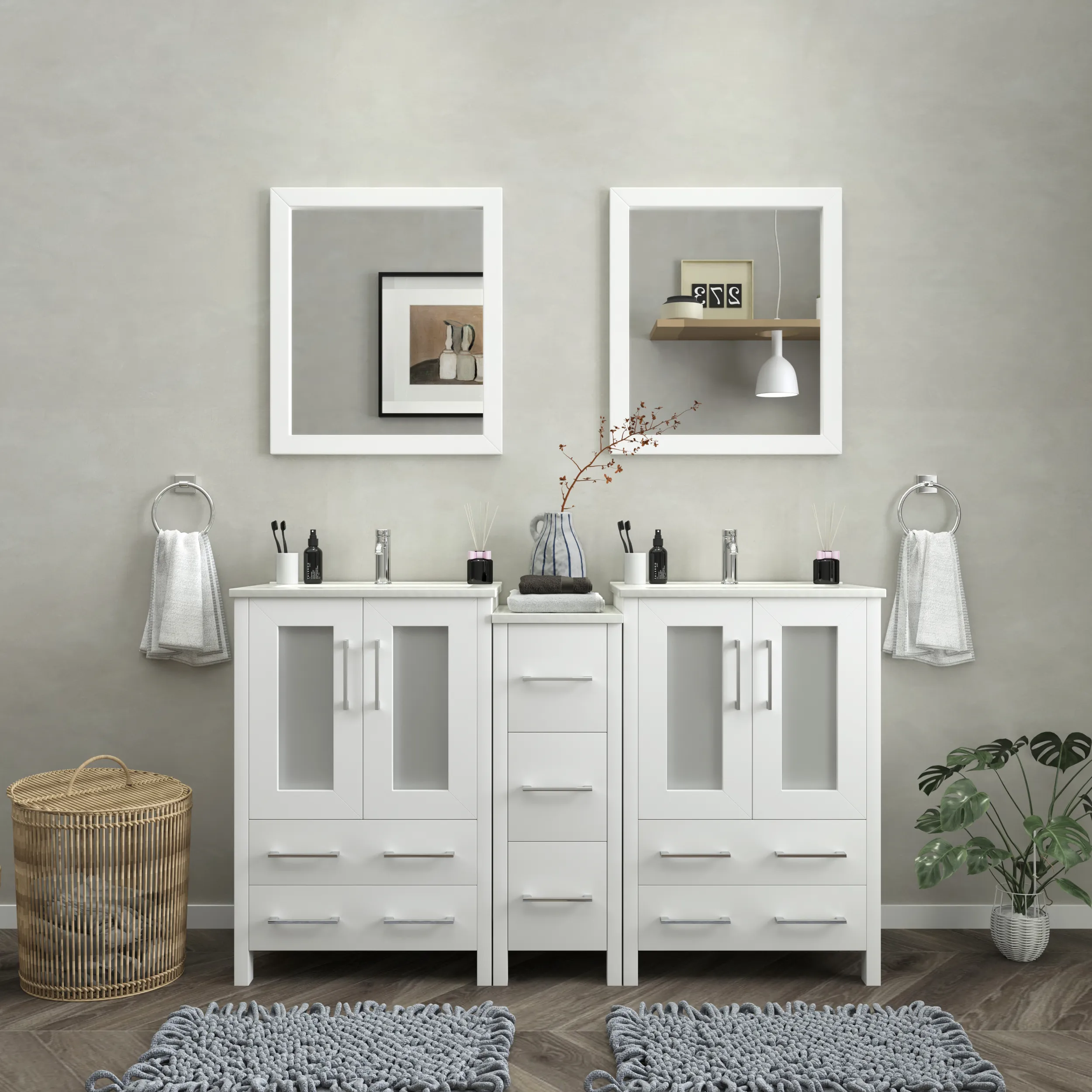 Vanity Art Brescia 60" Bathroom Vanity Double Sink Combo Set with Ceramic Tops and Mirrors VA3024 New