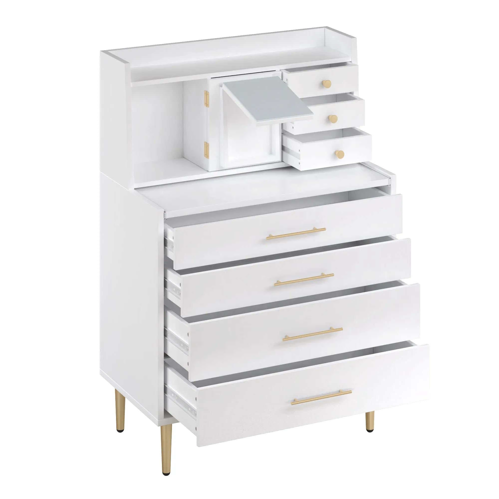 Vanity Makeup Table with Mirror and Retractable Table, Storage Dresser for Bedroom with 7 Drawers and Hidden Storage,White