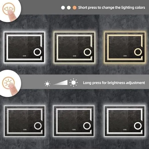 VENETIAN IMAGE Fogless Dimmable 3 Color Mode LED Lighted Bathroom/Washroom Wall-Mounted Mirror (70cm H x 90cm W)