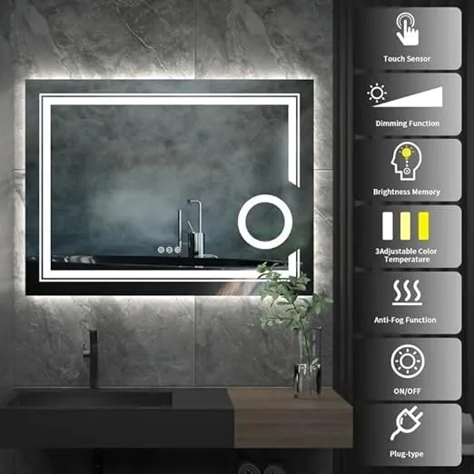 VENETIAN IMAGE Fogless Dimmable 3 Color Mode LED Lighted Bathroom/Washroom Wall-Mounted Mirror (70cm H x 90cm W)
