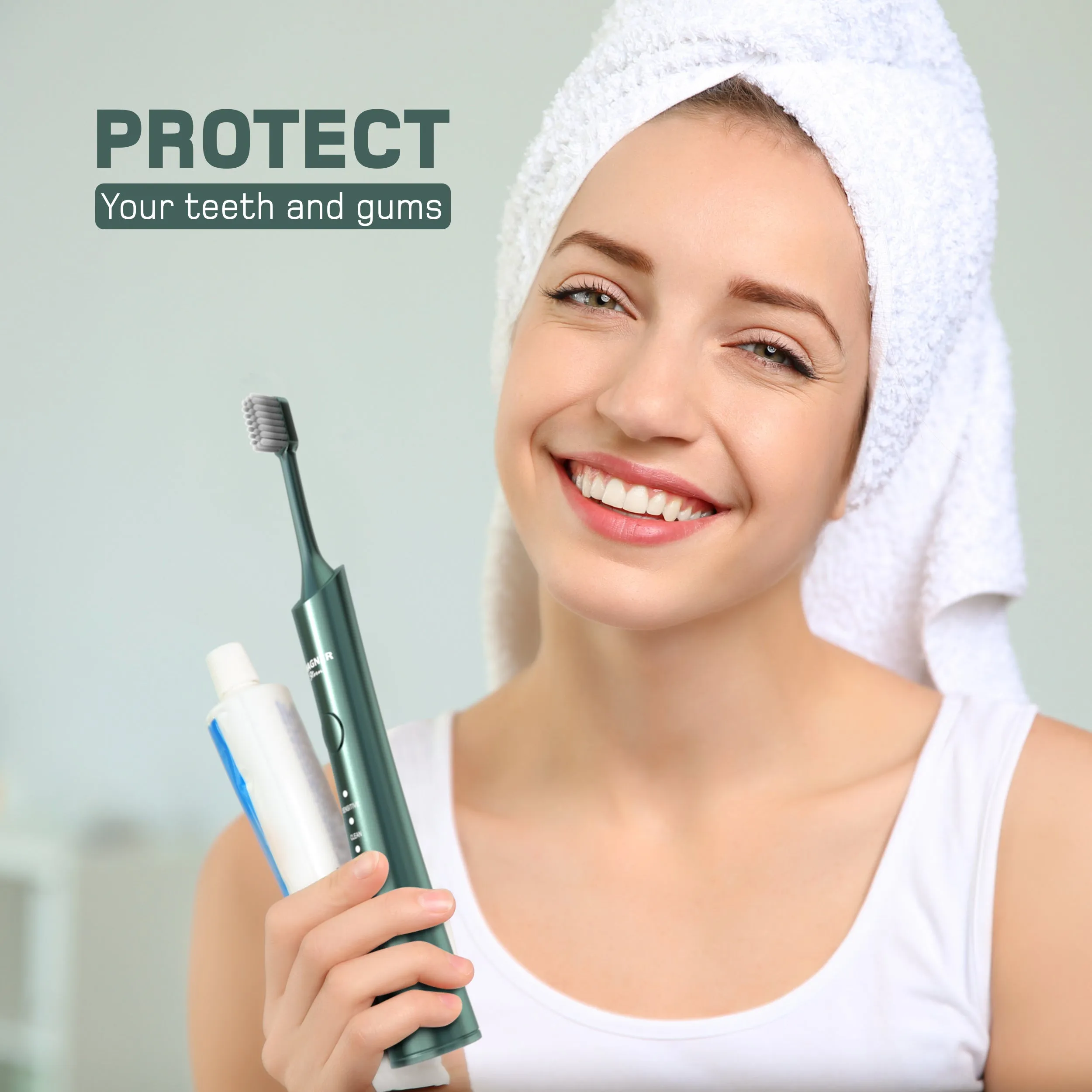 Wagner & Stern ultrasonic whitening Electric Toothbrush with 8 Charcoal Black Brush Heads. for Fresh Breath & Healthy Smile. (Green)