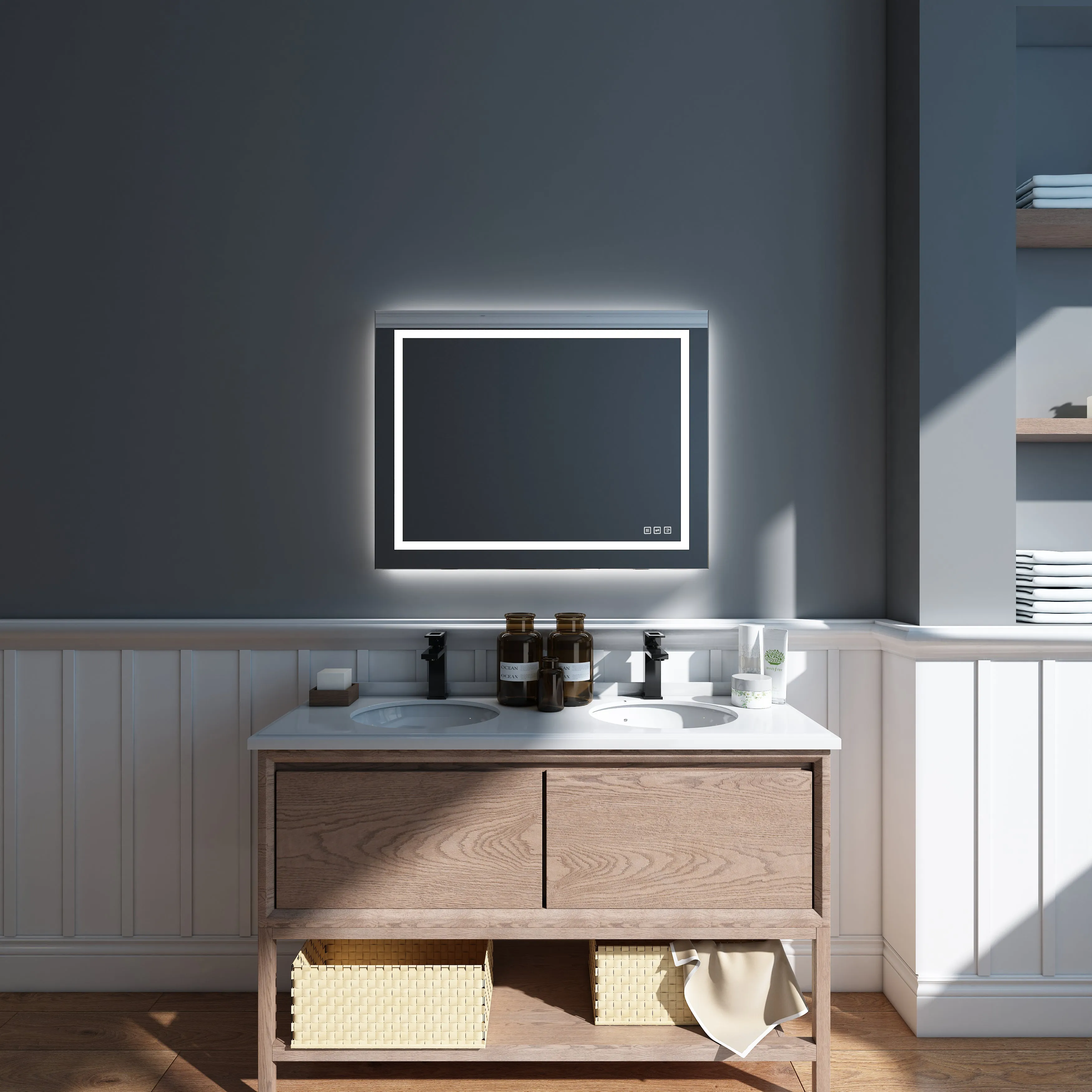 Waterpar® 36 in. W x 28 in. H Rectangular Frameless Wall Bathroom Vanity Mirror with Backlit and Front Light