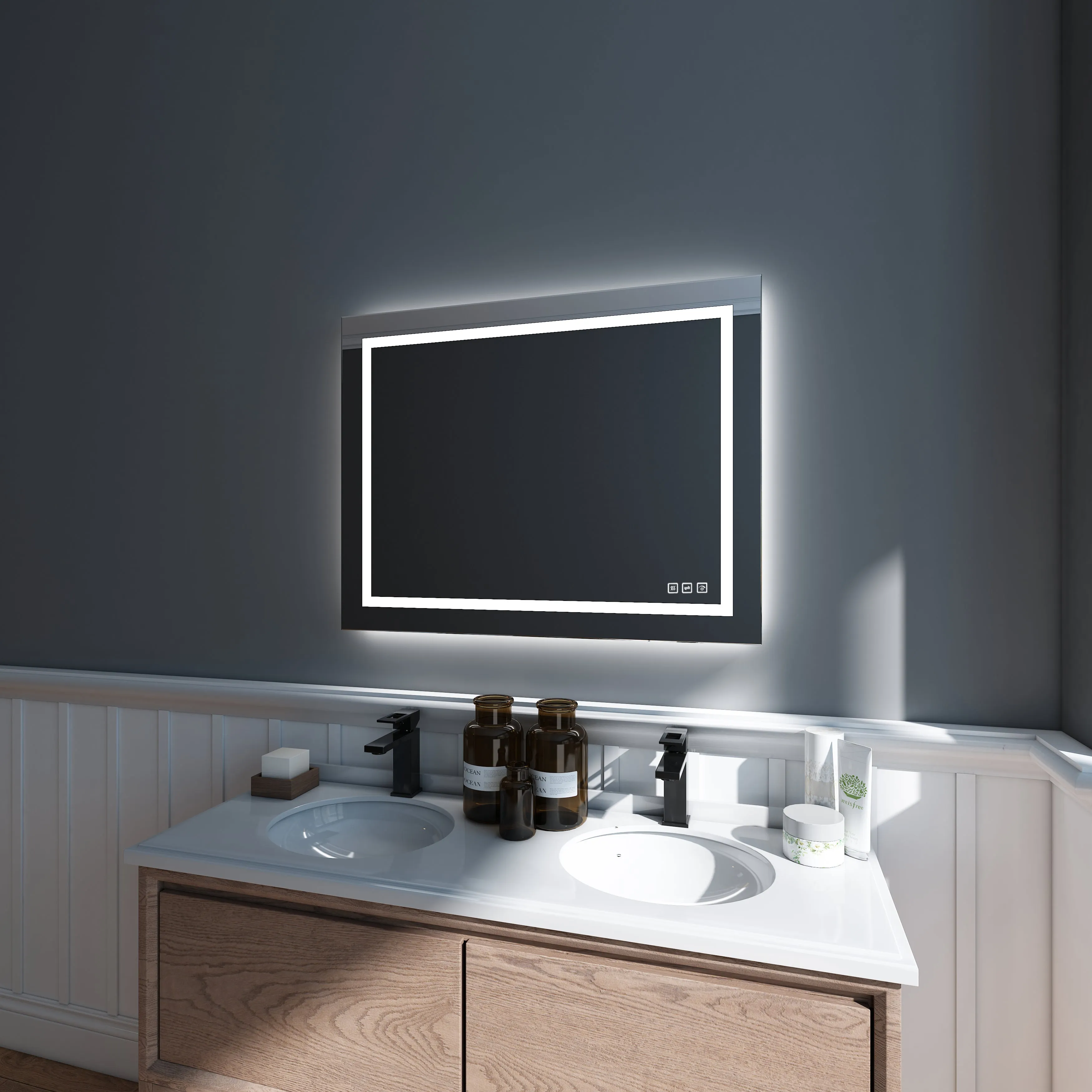 Waterpar® 36 in. W x 28 in. H Rectangular Frameless Wall Bathroom Vanity Mirror with Backlit and Front Light