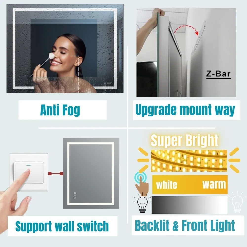 Waterpar® 36 in. W x 28 in. H Rectangular Frameless Wall Bathroom Vanity Mirror with Backlit and Front Light