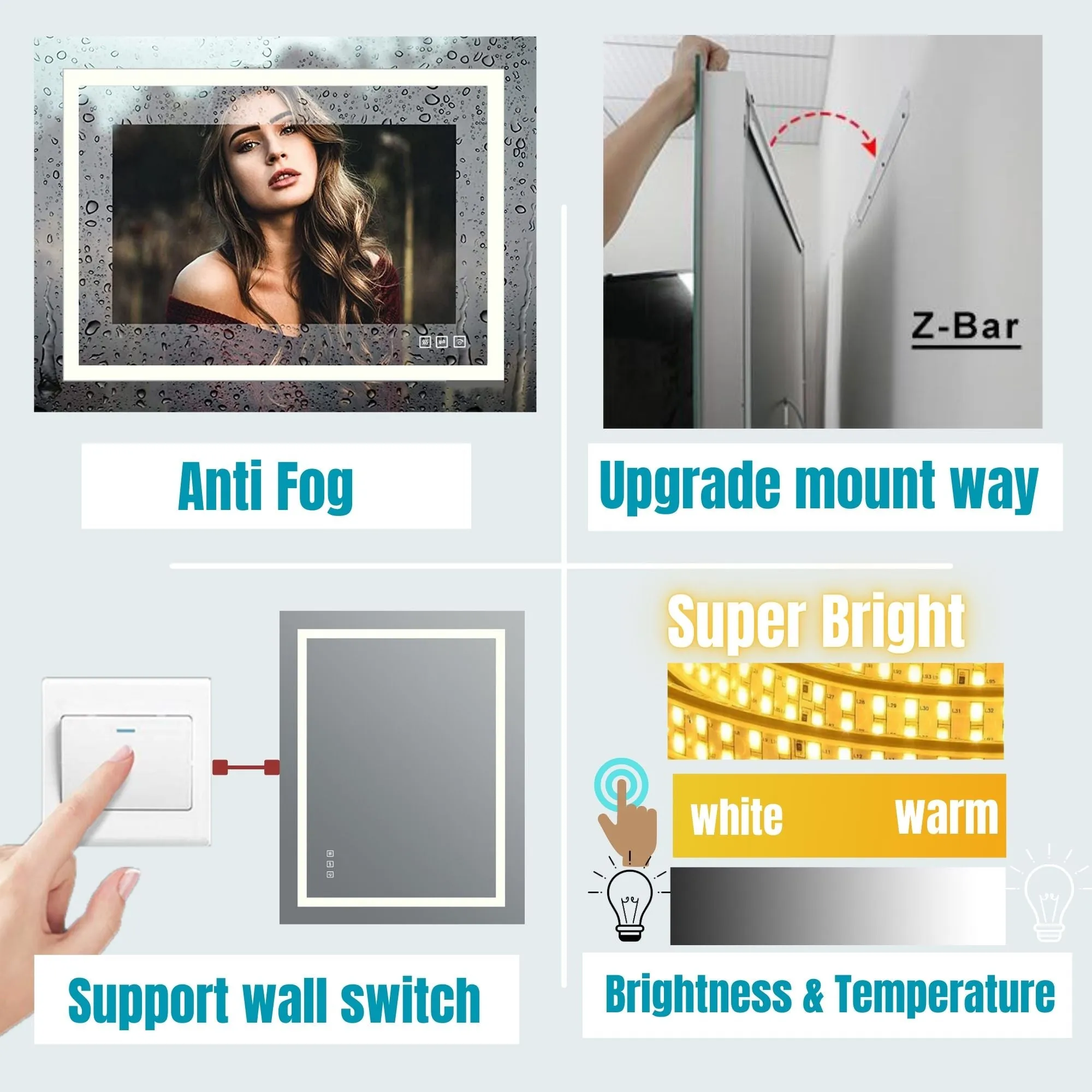Waterpar® 60 in. W x 36 in. H Rectangular Frameless Anti-Fog LED Wall Bathroom Vanity Mirror with Front Light