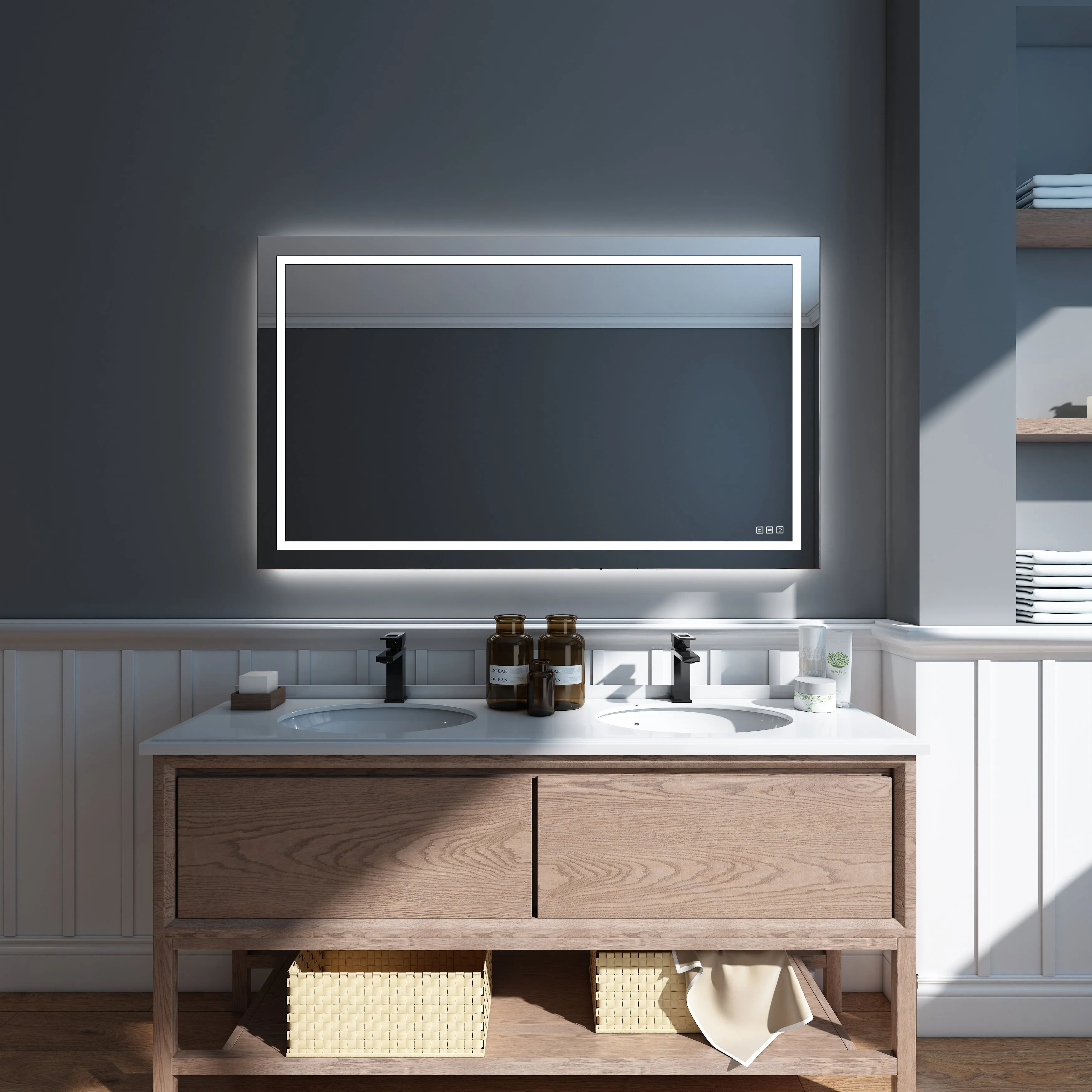 Waterpar® 60 in. W x 36 in. H Rectangular Frameless Wall Bathroom Vanity Mirror with Backlit and Front Light