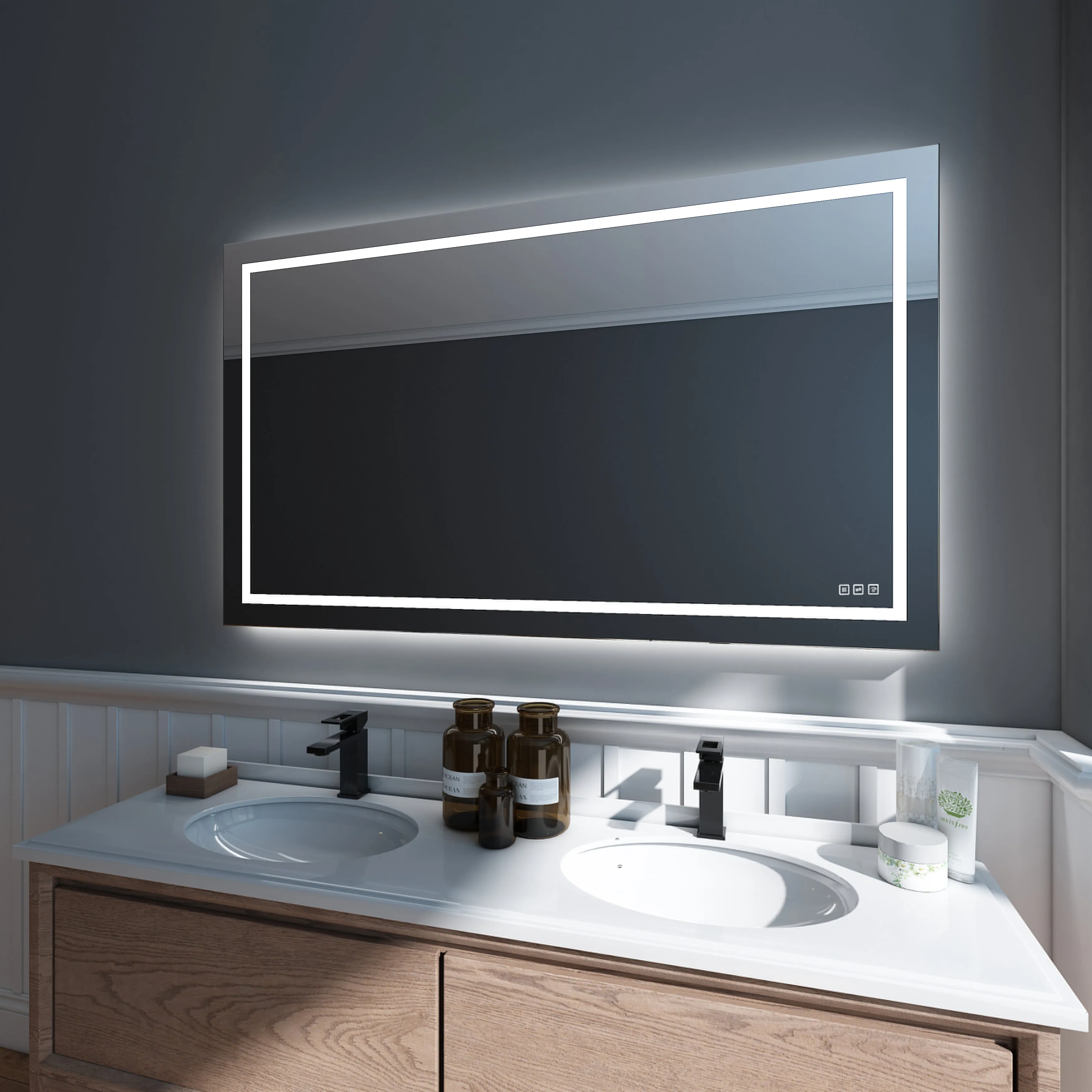 Waterpar® 60 in. W x 36 in. H Rectangular Frameless Wall Bathroom Vanity Mirror with Backlit and Front Light