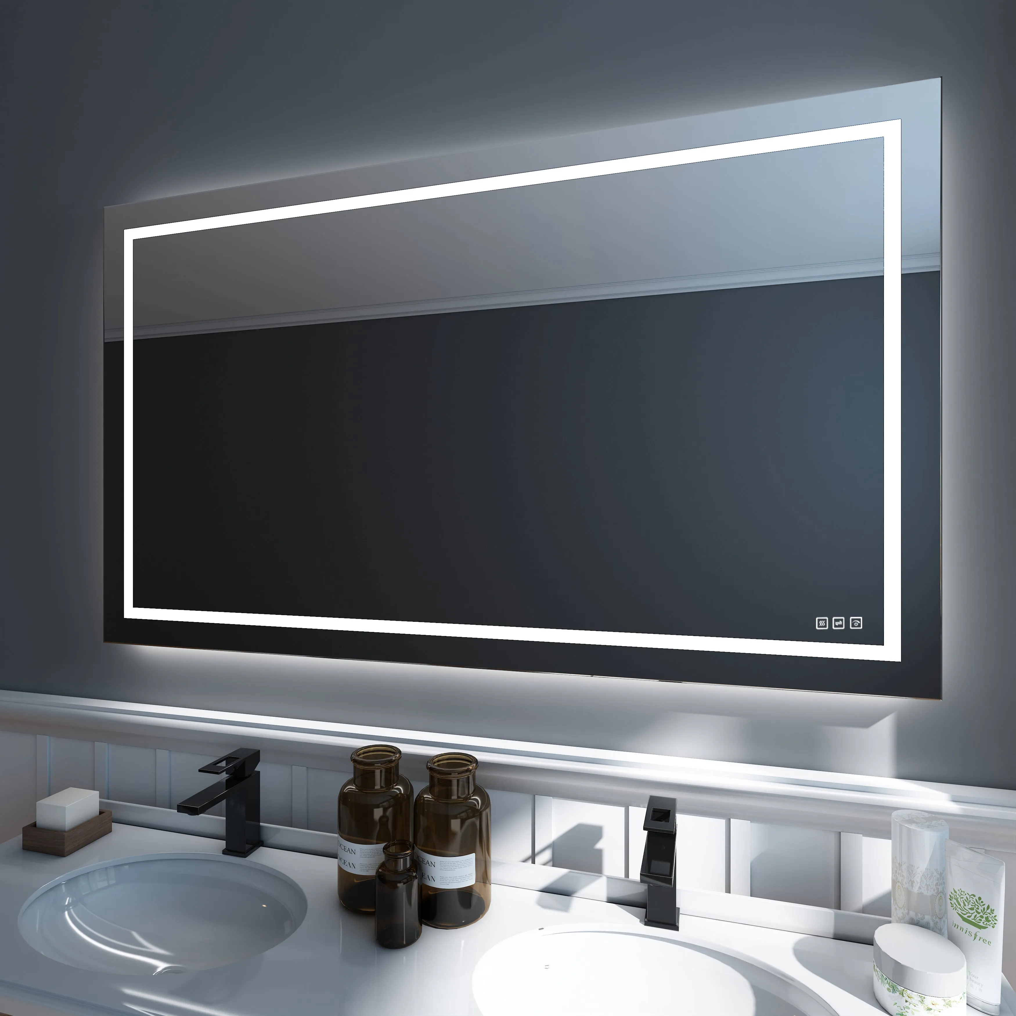 Waterpar® 60 in. W x 36 in. H Rectangular Frameless Wall Bathroom Vanity Mirror with Backlit and Front Light