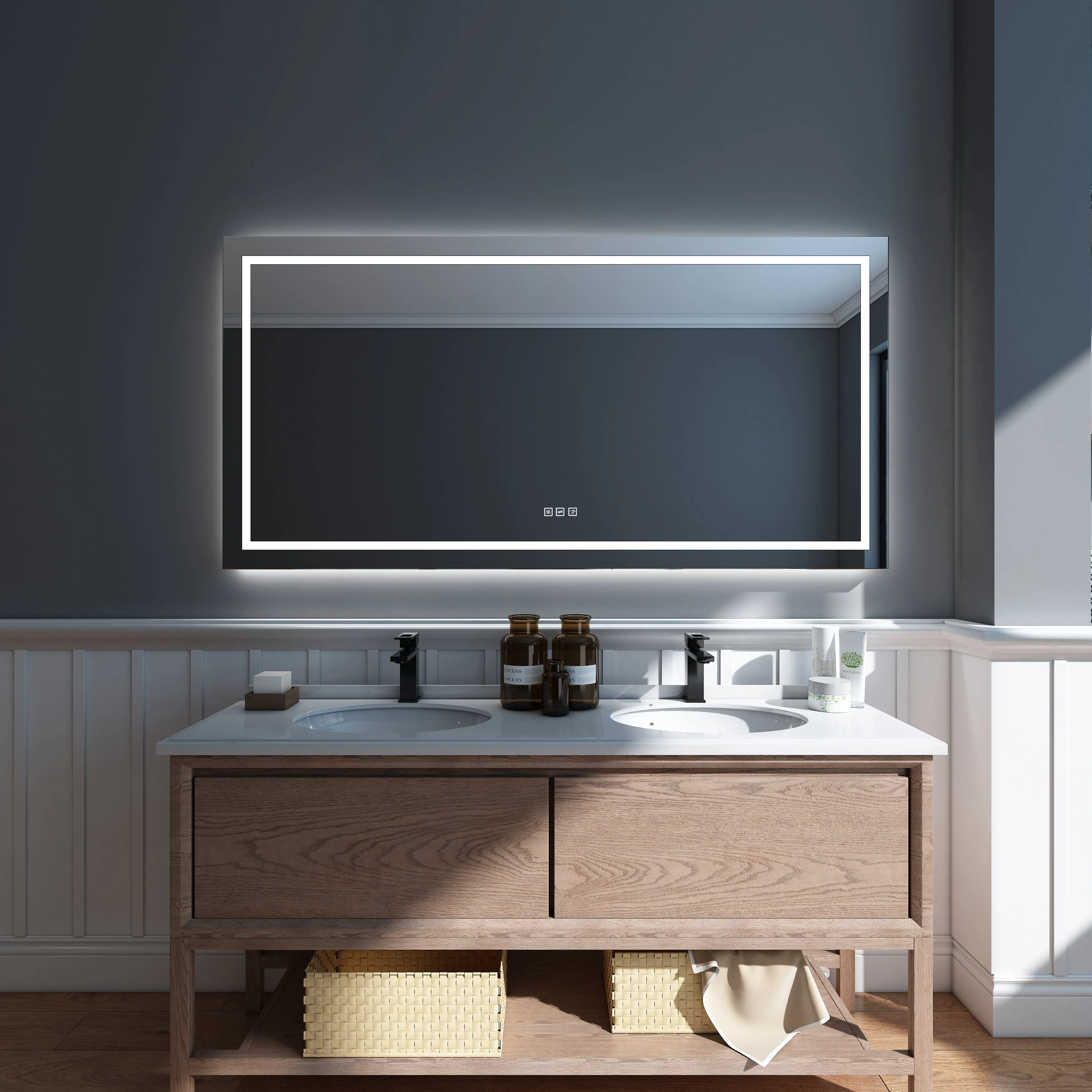 Waterpar® 72 in. W x 36 in. H Rectangular Frameless Wall Bathroom Vanity Mirror with Backlit and Front Light