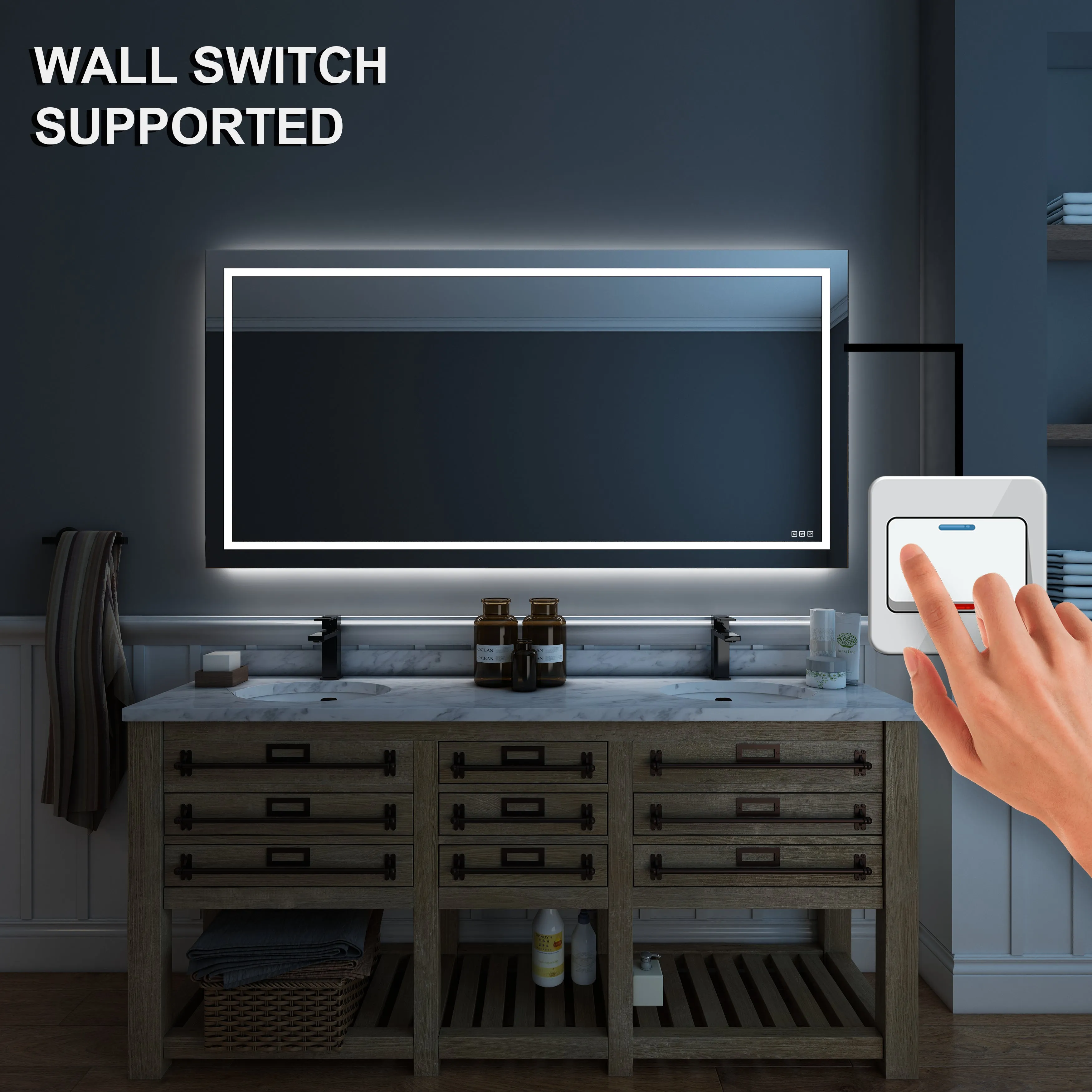 Waterpar® 72 in. W x 36 in. H Rectangular Frameless Wall Bathroom Vanity Mirror with Backlit and Front Light