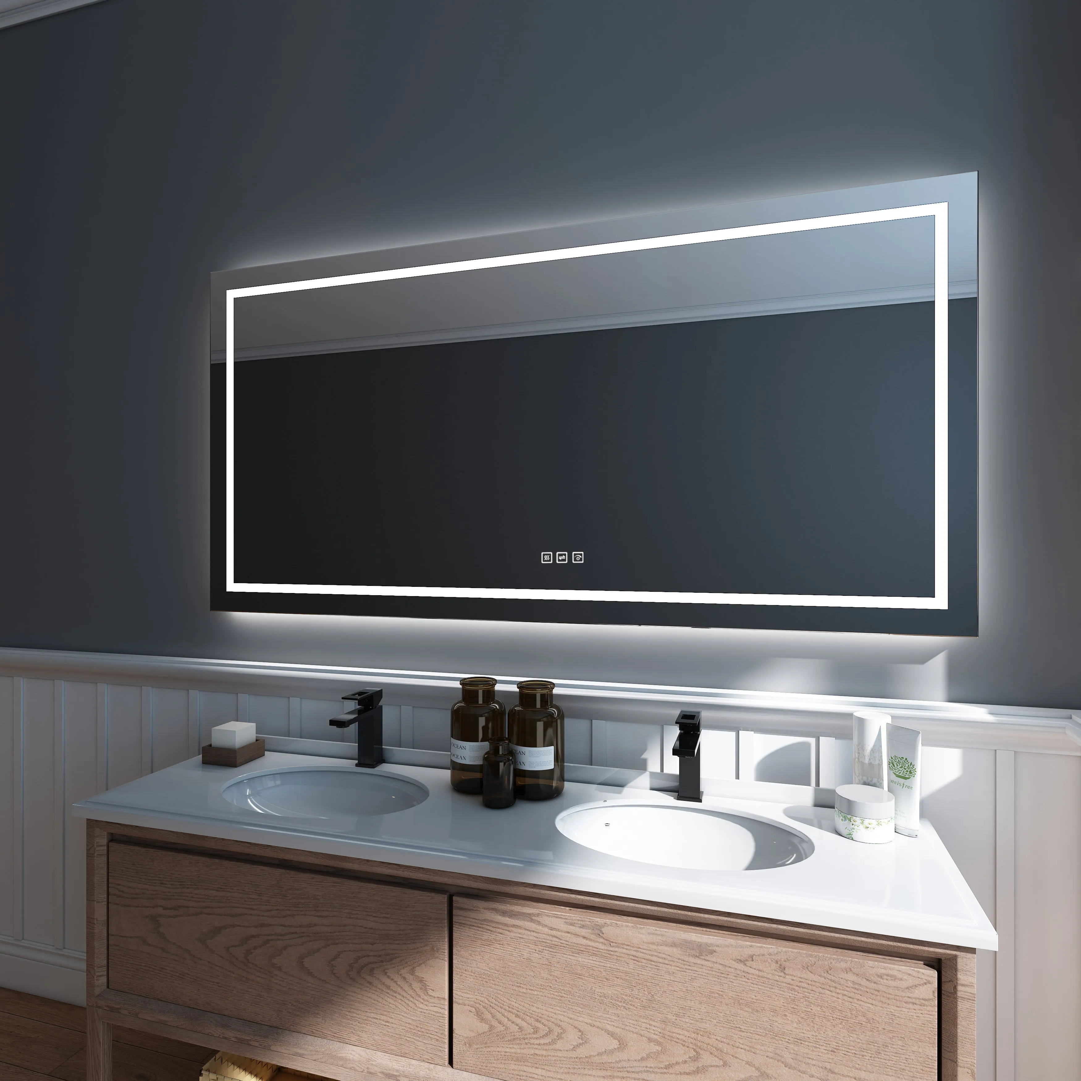 Waterpar® 72 in. W x 36 in. H Rectangular Frameless Wall Bathroom Vanity Mirror with Backlit and Front Light