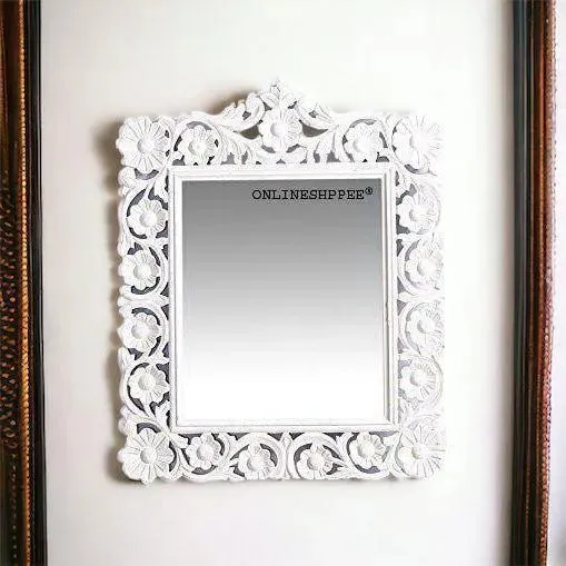 Wooden Carved Mirror - White