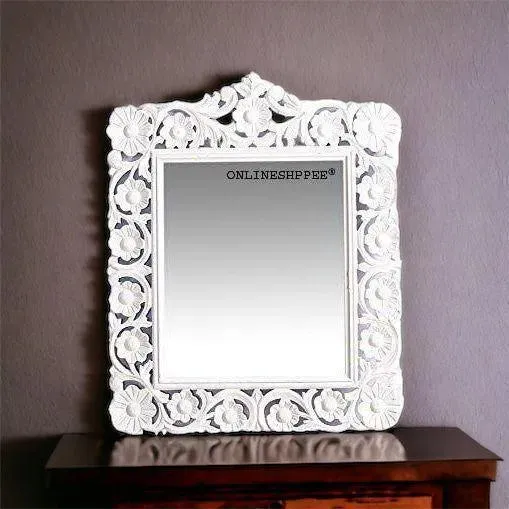 Wooden Carved Mirror - White