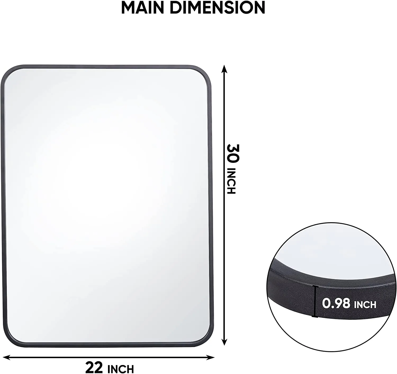 ZENY™ 22x30 Inch Black Wall Mirror for Bathroom, Wall Mounted Rectangular Entryways Decor Vanity Mirrors with Stainless Steel Metal Frame and Rounded Edge