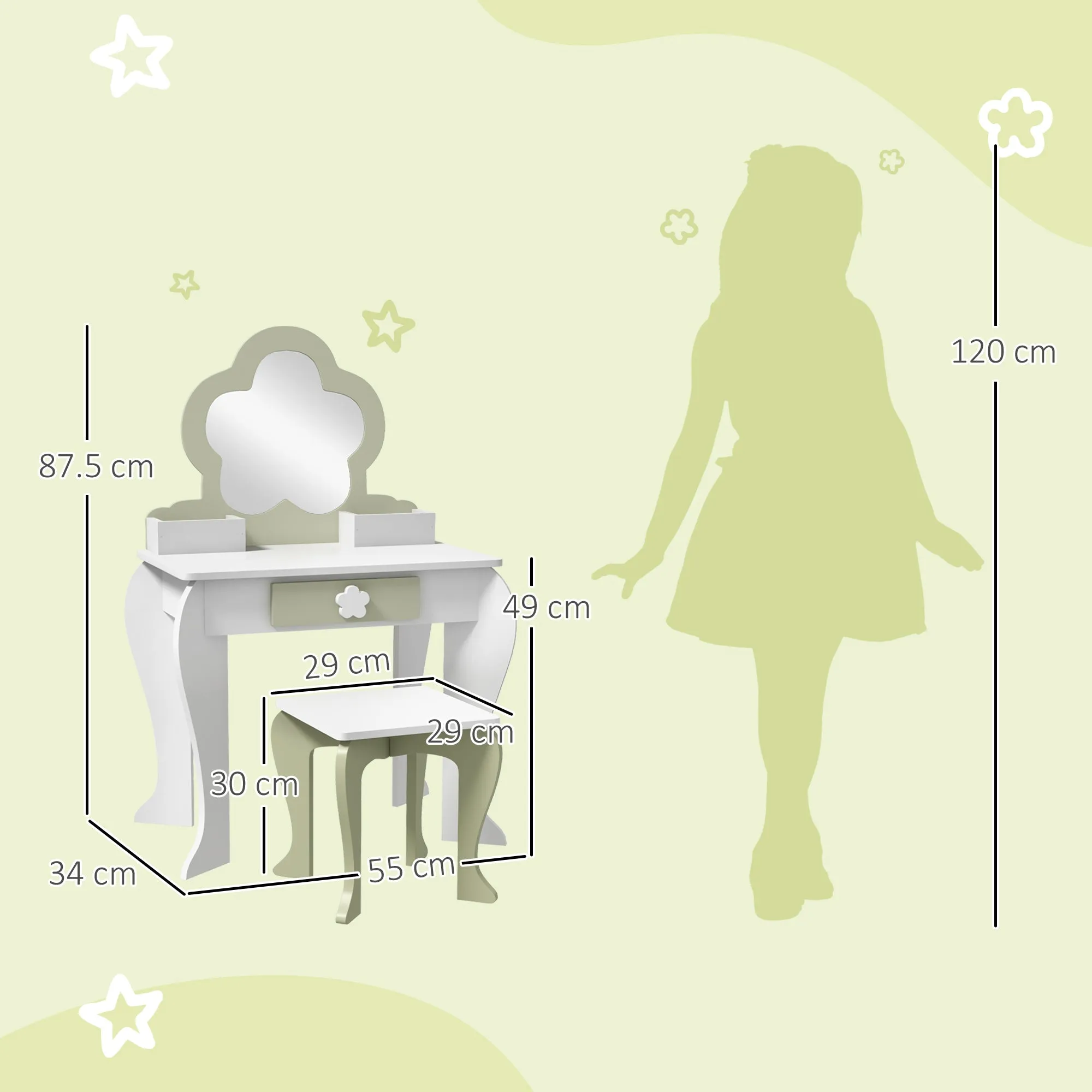 ZONEKIZ Kids Vanity Table with Mirror and Stool, Drawer, Storage Boxes, Beauty Flower Design, for 3-6 Years Old, White